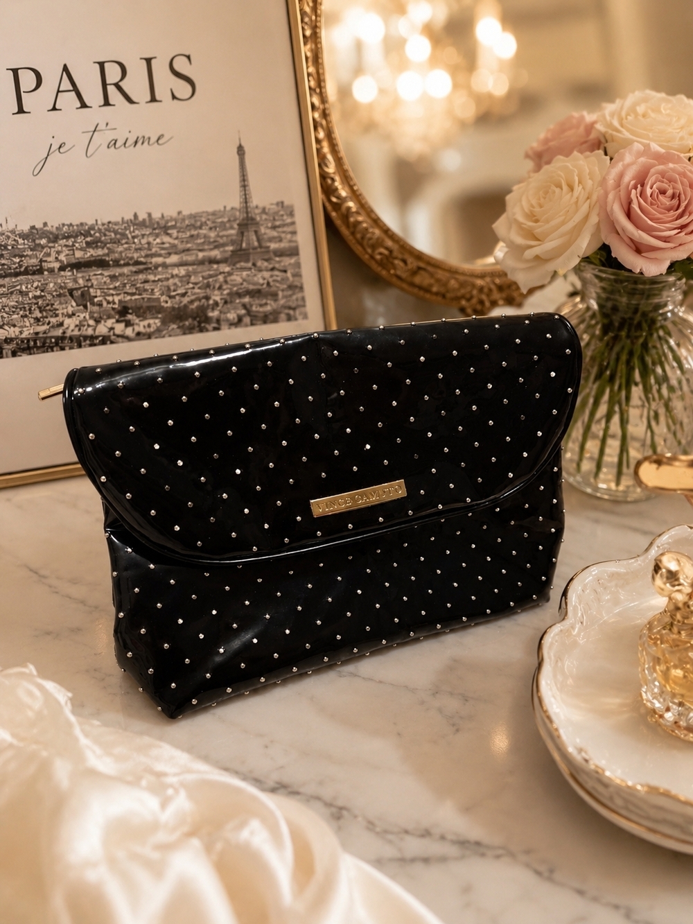 Vince Camuto Black Studded Patent Makeup Bag